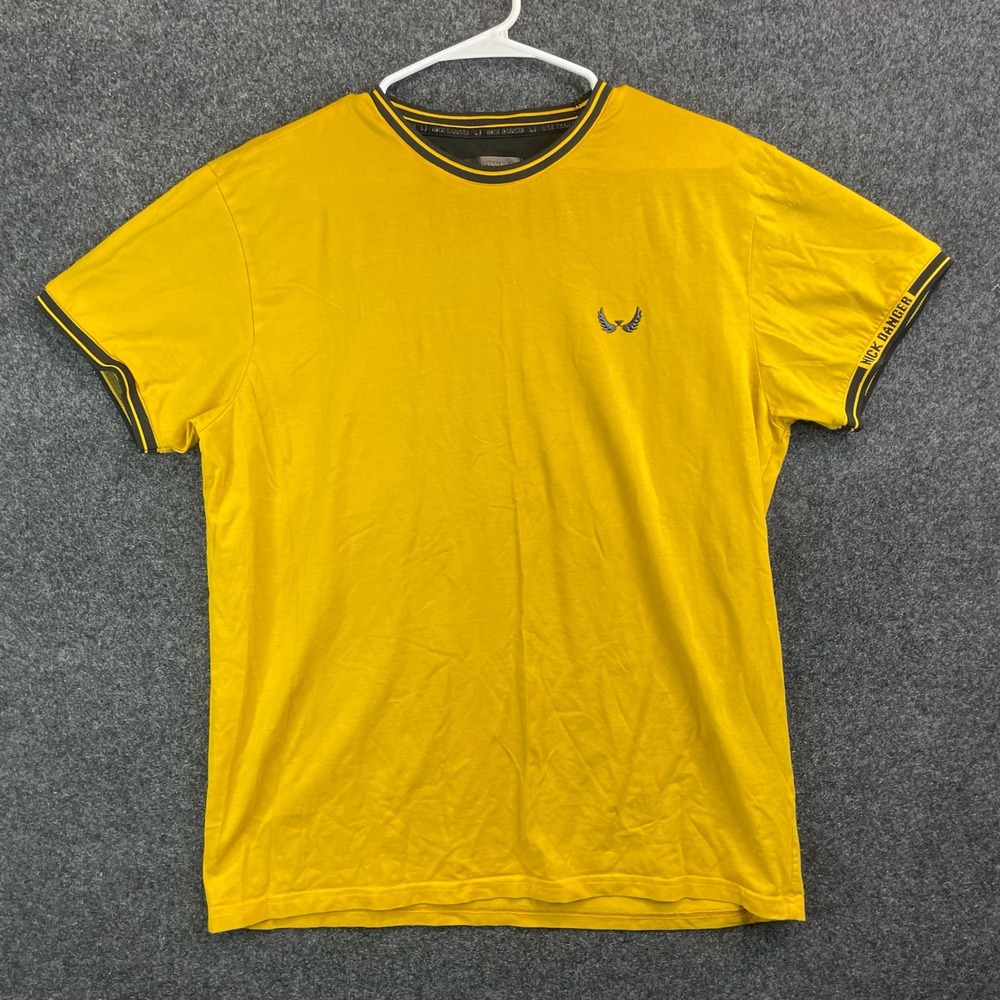 Nick Danger Winged Logo Ringer T-Shirt Men's Large Yellow